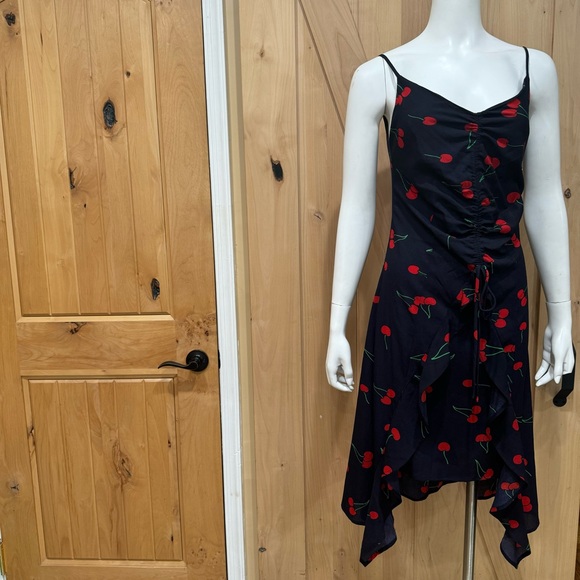 Aqua Cherry print Midi Blue Dress Size Small Red Blue Ruffle Clinch front Dress - Picture 11 of 16